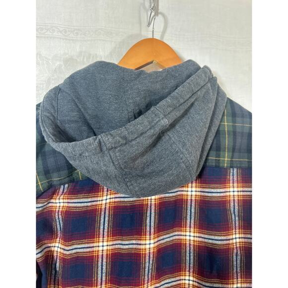 American Eagle Flannel Button Up Large Blue Green Patchwork Plaid Hood - Picture 7 of 9